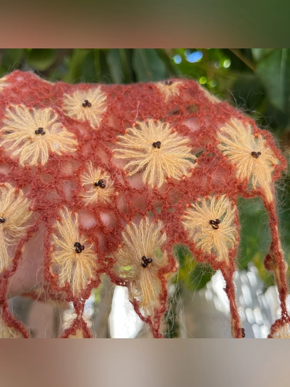 Rust & Yellow Floral Crochet Scarf with Beaded Details & Fringe.